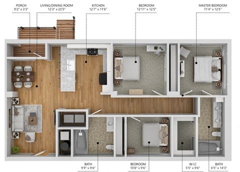 Floor plan for 3 beds, 3 baths, 1334 sqft